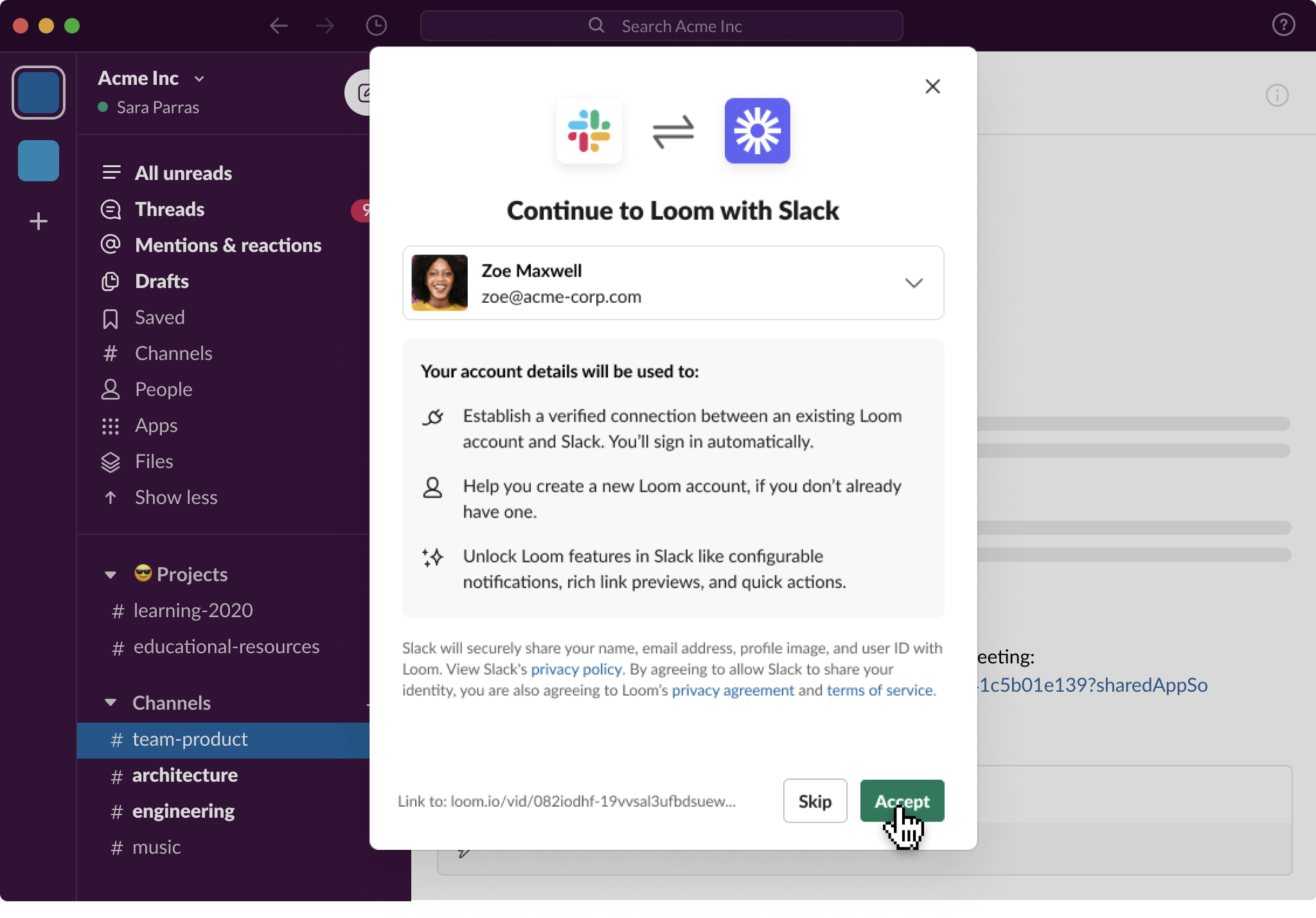 Invite pour accorder à Loom l’accès aux informations de profil Slack après avoir cliqué sur un lien Loom dans Slack